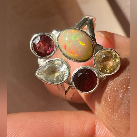 925 silver and natural Opal multi gemstone ring Adjustable Ring!! OS “VIBES” - Picture 7 of 16